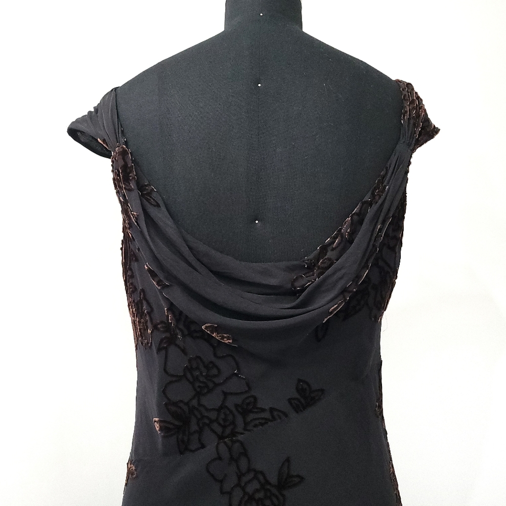 Vintage Y2K Silk Romantic Dark Floral Velvet Burnout Midi Dress - Picture 10 of 11
